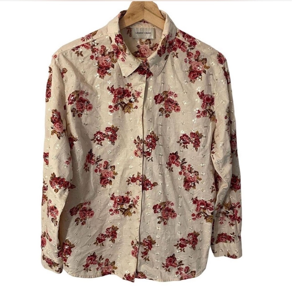 Lemon Grass | Floral Cream and Red Womens Shirt